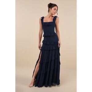 NWT Lulus Compelling Romantic Dark Blue Ruffled Tiered Maxi Dress Bridesmaid S